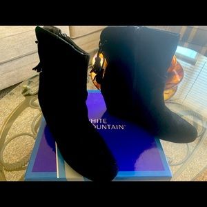 Black suede booties,wedge,back tassels,side zipper,great condition(barely worn)